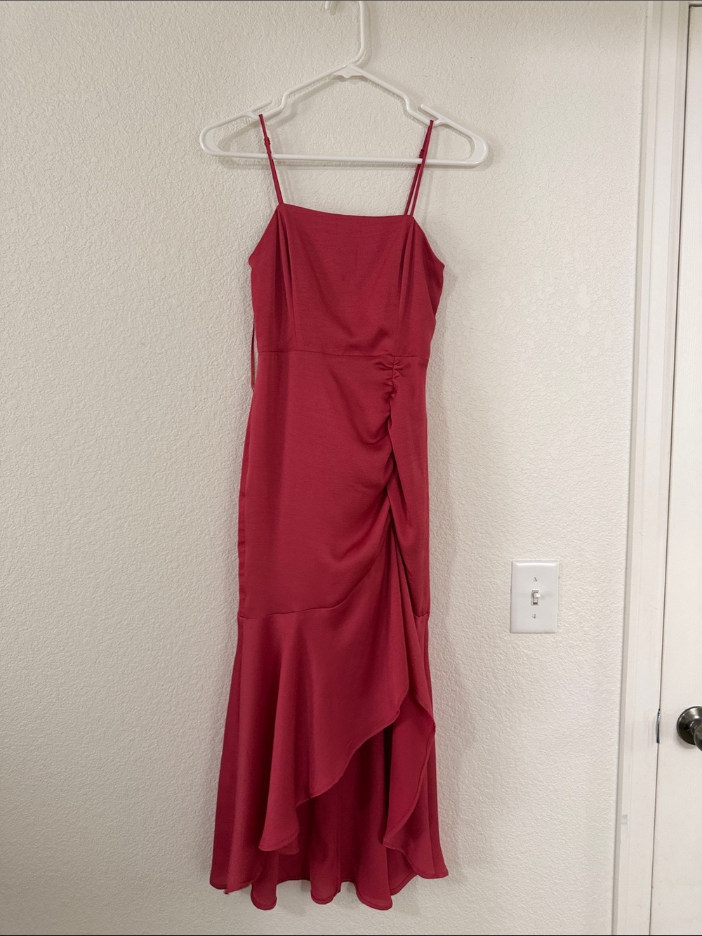 Express Red High-Low Ruffle Midi Dress